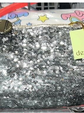 Deux Lux Metallic Silver Sequin Zip Wristlet Hello Kitty Striped Orange Strap